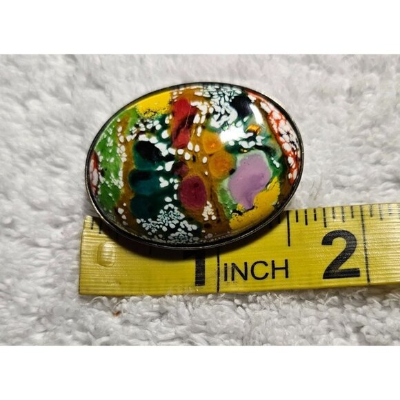 Colorful Abstract Oval Enamel Pin Brooch with Silver-Tone Backing 2" x 1.5" - Picture 6 of 6
